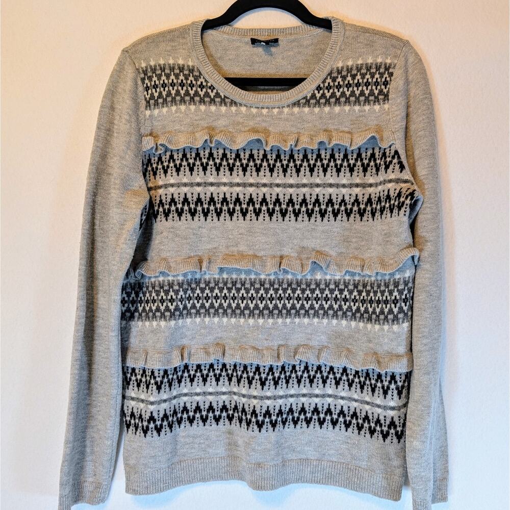 Talbots Sweater Women's Gray Knit Nylon Lambswool Stripe Ruffle Pullover Medium0